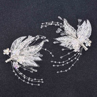 F-1128 2 PC Women Wedding Headband Rhinestones Flower Leaf Bride Hair Jewelry