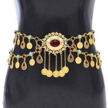 N-8219 Coin Tassel Wome Body Chains Golden Rhinestones Bohemian Ethnic Charms Waist Jewelry