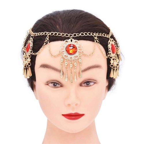 F-1131 Fashion Gold Alloy Red Crystal Leaf Tassel Hair Accessories for Women