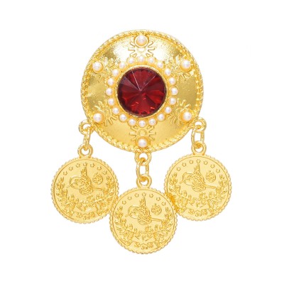P-0543 4 Styles Gold Coin Red Acrylic Gemstone Brooches for Women