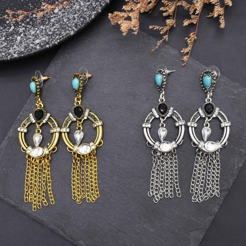 E-6659 Vintage Long Chains Tassel Silver Gold Color Dangle Earrings for Women
