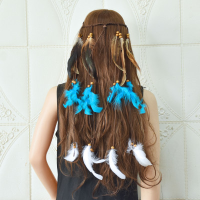 F-1133 Women's ethnic style feather tassel beaded headwear