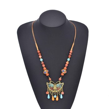 N-8239 Ethnic Retro Gold Alloy Color Butterfly Pattern Colorful Beads Nylon Rope Necklace for Women