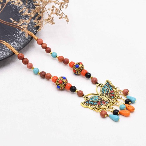 N-8239 Ethnic Retro Gold Alloy Color Butterfly Pattern Colorful Beads Nylon Rope Necklace for Women