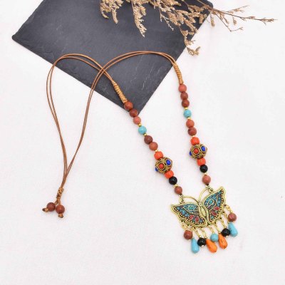 N-8239 Ethnic Retro Gold Alloy Color Butterfly Pattern Colorful Beads Nylon Rope Necklace for Women