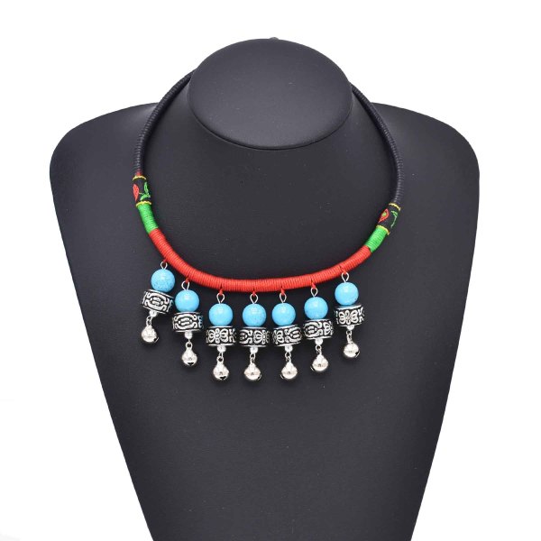 N-8244 Ethnic Retro Silver Alloy Blue Acrylic Beads Color Nylon Rope Necklace Hair Accessories