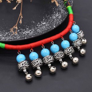 N-8244 Ethnic Retro Silver Alloy Blue Acrylic Beads Color Nylon Rope Necklace Hair Accessories