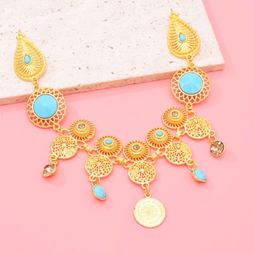 F-1137 Vintage Ethnic Gold Alloy Hair Accessories Green Stone Coin Tassel For Women