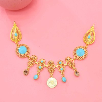 F-1137 Vintage Ethnic Gold Alloy Hair Accessories Green Stone Coin Tassel For Women