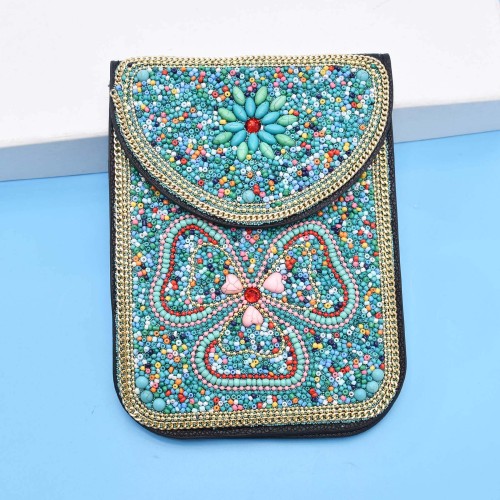 N-8246 New flower pattern Turquoise Rice Beads Short Hand Bag Purse Cosmetic Bag for Women Girls party Accessories