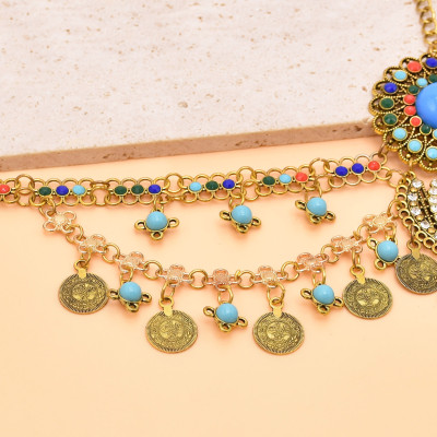 F-1138 New Retro Bohemian Style Gold Silver Coin Tassel Pendant Women's Blue Headwear