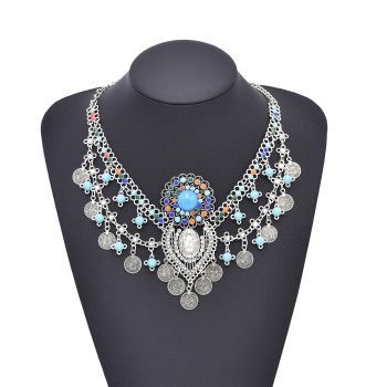 N-8248 Ethnic Retro Alloy Blue Acrylic Rhinestone Beads Women Choker Necklace