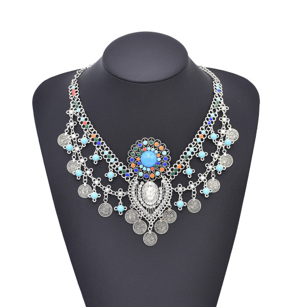 N-8248 Ethnic Retro Alloy Blue Acrylic Rhinestone Beads Women Choker Necklace