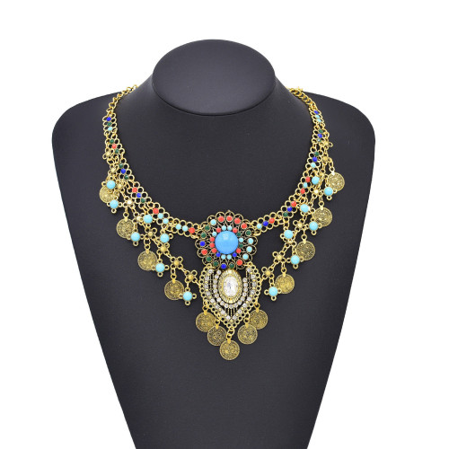 N-8248 Ethnic Retro Alloy Blue Acrylic Rhinestone Beads Women Choker Necklace