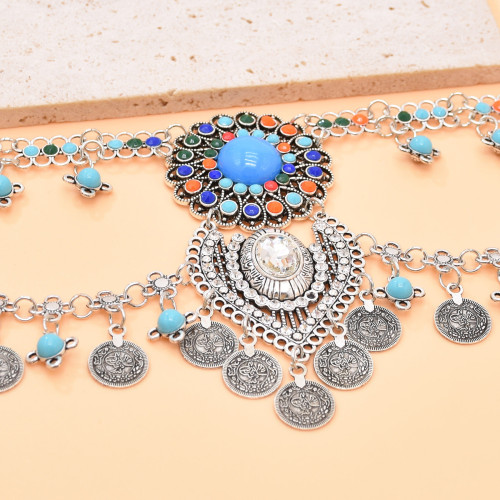 N-8248 Ethnic Retro Alloy Blue Acrylic Rhinestone Beads Women Choker Necklace