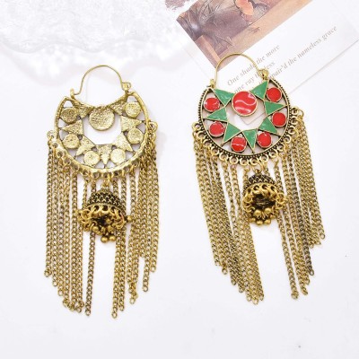 E-6665 Vintage Golden Bell Pendant Long Chain Tassel Earrings for Women