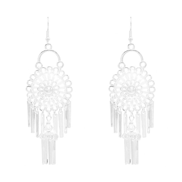 E-6667 Miao Silver Plated Hollow Flower Long Pendant Earrings for Women
