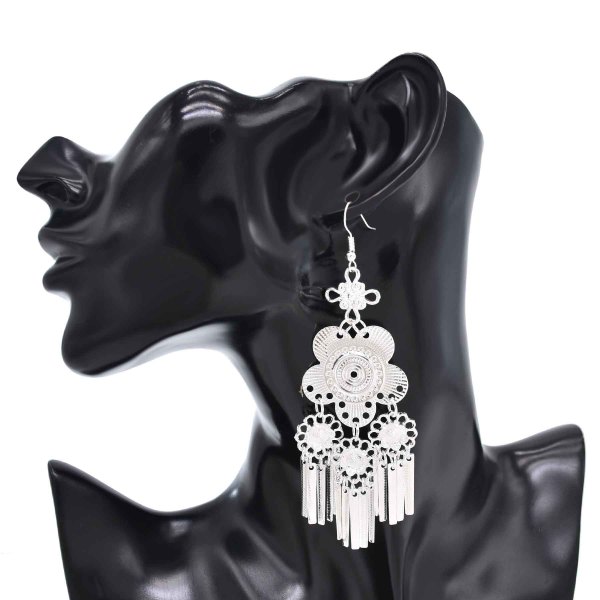 E-6666 Silver Women Drop Earrings Carved Flower Ethnic Statement Tassel Earrings