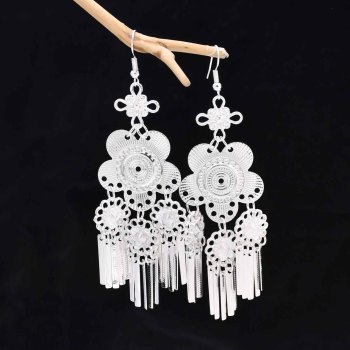 E-6666 Silver Women Drop Earrings Carved Flower Ethnic Statement Tassel Earrings