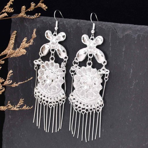 E-6668 Bohemian Silver Alloy Butterfly Flower Pattern Dangle Earrings for Women