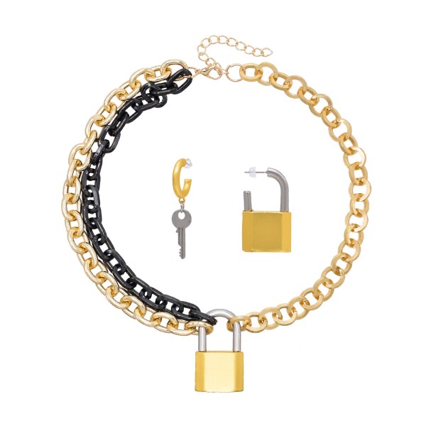 S-0106 Punk Novelty Lock Key Pendant Earrings Necklace Set for Women