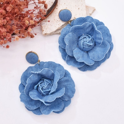 E-6671 Trendy New Women's Blue Denim Flower Punk Style Fashion Earrings