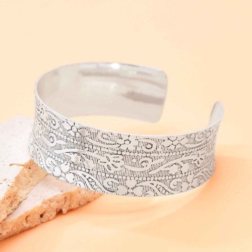 B-1304 Silver Women Open Bracelets Ethnic Carved Statement Bracelets