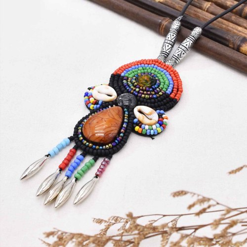 N-8254 Ethnic Colorful Small Beads Tassel Necklace for Women