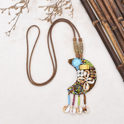 N-8256 New Retro Ethnic Style Handmade Acrylic Two Color Crescent Pendant For Women's Fashion Tassel Necklace
