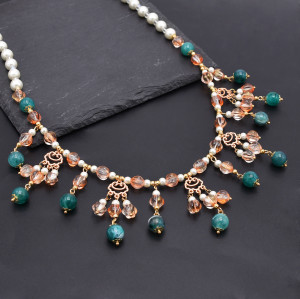 Traditional Ethnic Faux Pearl Chain Beaded Charms Women's Necklace Earrings Set