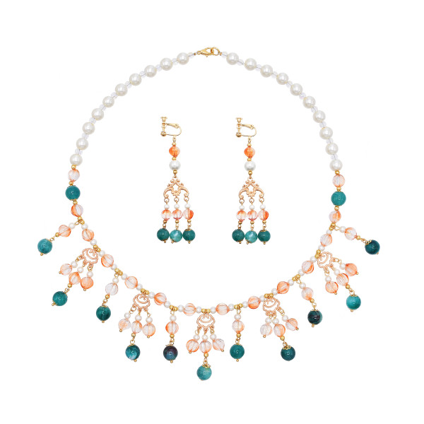 Traditional Ethnic Faux Pearl Chain Beaded Charms Women's Necklace Earrings Set