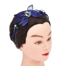F-1142 Blue Gauze Mesh Crystal Flower Bow Headband Hair Accessories