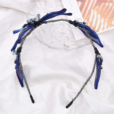 F-1142 Blue Gauze Mesh Crystal Flower Bow Headband Hair Accessories