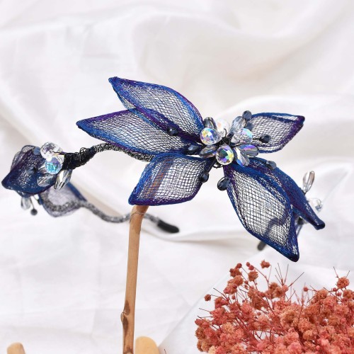 F-1142 Blue Gauze Mesh Crystal Flower Bow Headband Hair Accessories