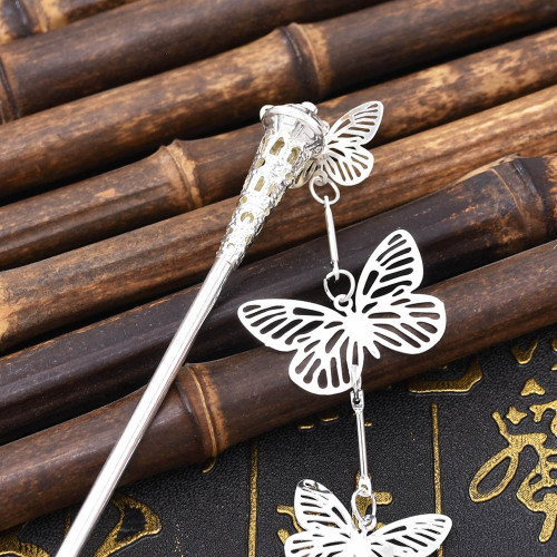 F-1146 Novel Ethnic Style Silver Hollowed Out Butterfly Tassel Pendant For Women's Fashionable Metal Bun Hair Accessories