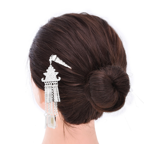 F-1147 Hot Selling New Retro Ethnic Minority Style Silver Plated Metal Carving Long Tassel Women's Fashionable Hair Bun