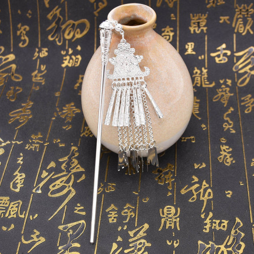 F-1147 Hot Selling New Retro Ethnic Minority Style Silver Plated Metal Carving Long Tassel Women's Fashionable Hair Bun