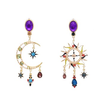 E-6675 Colorful Crystal Tassel Pendant Sun Moon Asymmetric Earrings for Women