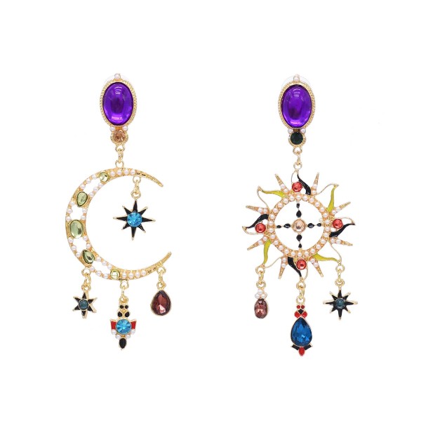E-6675 Colorful Crystal Tassel Pendant Sun Moon Asymmetric Earrings for Women