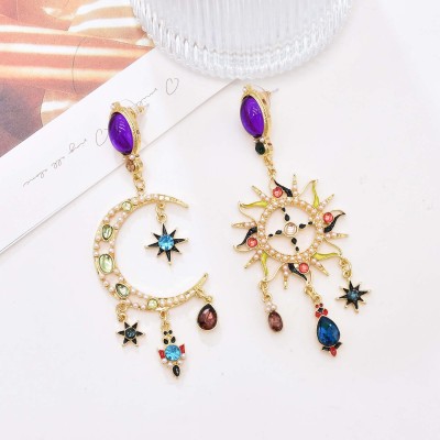 E-6675 Colorful Crystal Tassel Pendant Sun Moon Asymmetric Earrings for Women