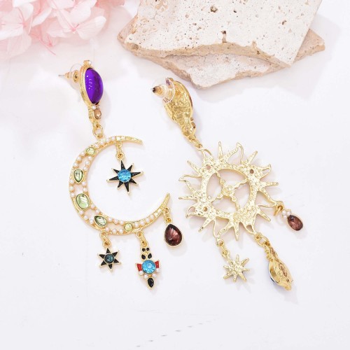 E-6675 Colorful Crystal Tassel Pendant Sun Moon Asymmetric Earrings for Women