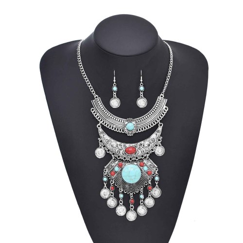 N-8266 Coin Tassel Women Jewelry Sets Vintage Acrylic Bohemian Ethnic Necklace Earring 2 PC Sets