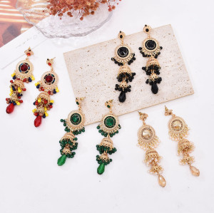 E-6683 New Black/Red/Red/Gold Four Crystal Inlaid Tassel Pendant Women's Fashion Earrings