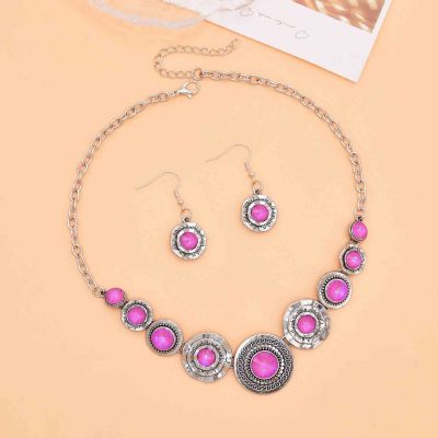 N-8108 Vintage Silver Purple Green Round Acrylic Gem Necklace Earrings Set
