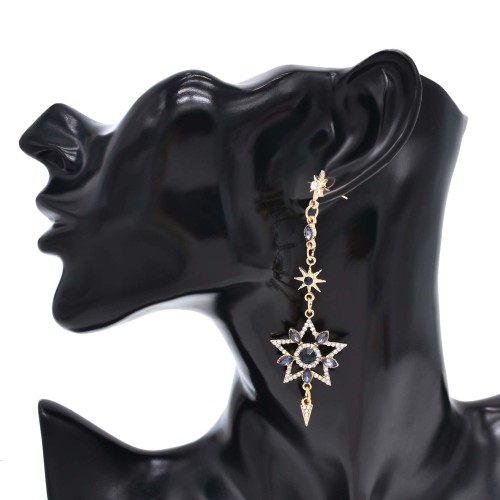 E-6686 Gold Rhinestone Crystal Star Moon Asymmetric Pendant Earrings for Women