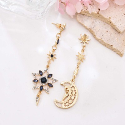 E-6686 Gold Rhinestone Crystal Star Moon Asymmetric Pendant Earrings for Women