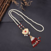 N-8280 New Red Bohemian Ethnic Style Women's Pearl Long Necklace with Rice Beads and Tassels