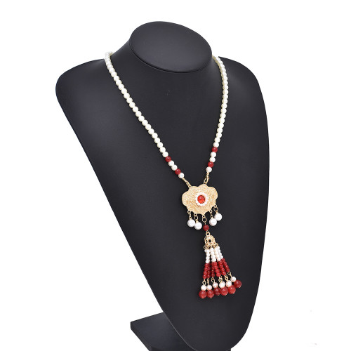 N-8280 New Red Bohemian Ethnic Style Women's Pearl Long Necklace with Rice Beads and Tassels