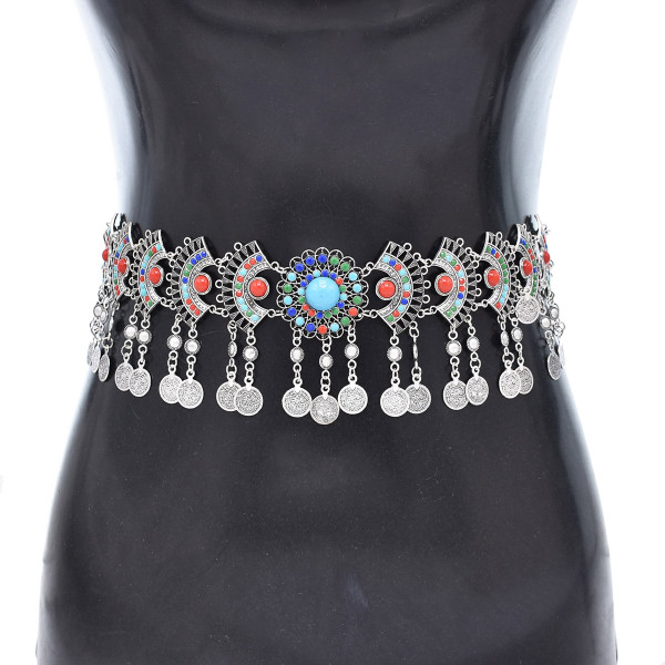 N-8278 New Colorful Acrylic Inlaid Fan Metal Carved Silver Women's Fashion Waistchain