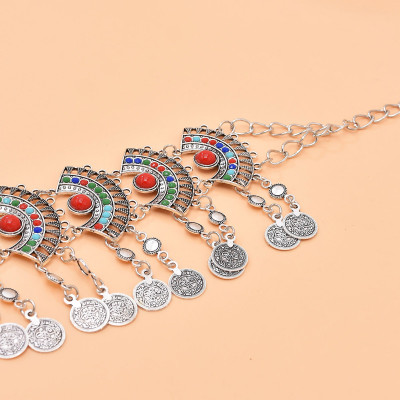 N-8278 New Colorful Acrylic Inlaid Fan Metal Carved Silver Women's Fashion Waistchain